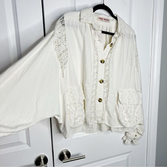 Free People Louisa shirt jacket cream Size XS Linen Blend Lace oversized - Picture 6 of 12